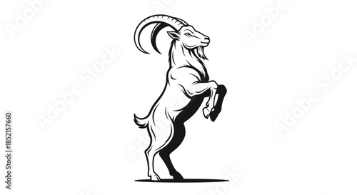 A powerful and muscular mountain goat or ibex rears up on its hind legs in a proud, illustrative black and white style.