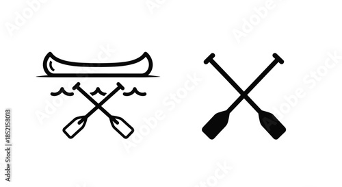 Two simple black and white icons for canoeing, one showing a canoe on water with crossed paddles and one with just crossed paddles.