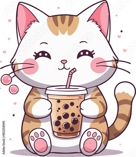 A cute kawaii-style illustration of a smiling kitten holding and sipping bubble tea, surrounded by tiny hearts 