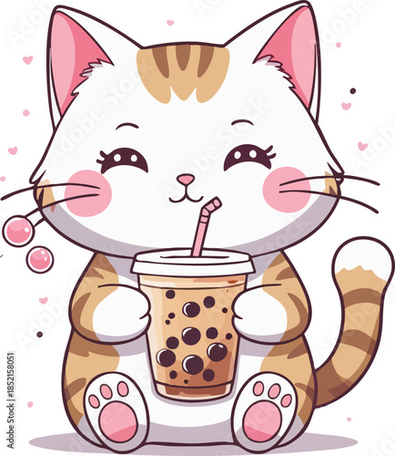 A cute kawaii-style illustration of a smiling kitten holding and sipping bubble tea, surrounded by tiny hearts