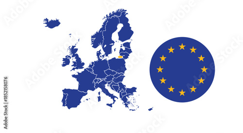 A blue map of the European Union member countries shown alongside the official circular flag of twelve golden stars on a blue field.