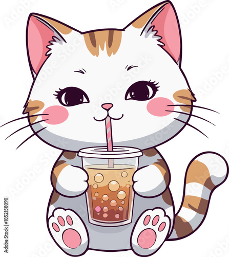 A cute kawaii-style cartoon kitten with pink cheeks happily drinking bubble tea through a straw, holding a cup while sitting against