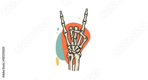 An illustrated skeleton hand making the 'rock on' or horns gesture, set against a background of colorful abstract shapes.