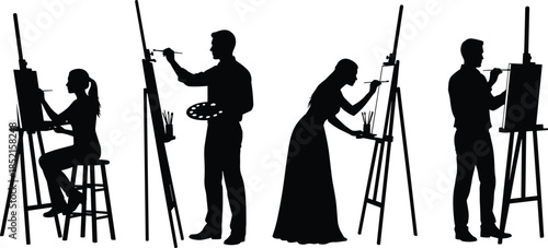 Artist painting silhouettes set, men and women using easels, creative art process, studio work, minimalist black vector illustration