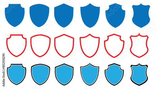 Diverse collection of shield icons in blue, red outline, and black outline styles