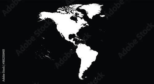 A high-contrast stencil-style map of North and South America in solid white, isolated on a stark black background.
