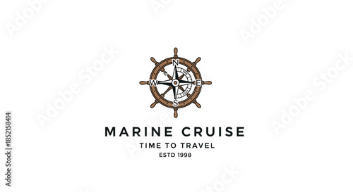 A vintage-style 'Marine Cruise' travel logo featuring a detailed wooden ship's wheel with a compass rose at its center.