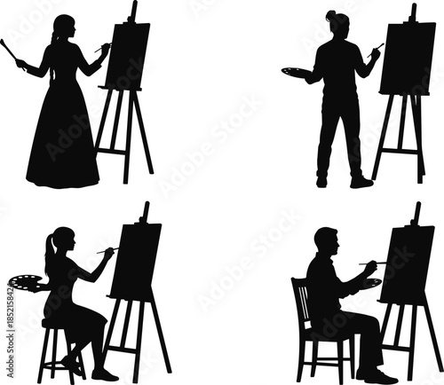 Artist silhouettes painting on easel, male and female painters working, creative art studio scenes, black silhouette illustration set
