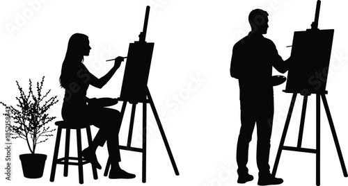 Artist silhouettes painting on easel, male female painters working in studio, creative art process illustration, black white silhouette design