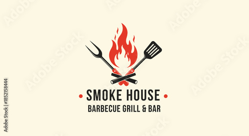 A rustic logo for a 'Smoke House Barbecue Grill & Bar' featuring a crossed fork and spatula over a bonfire with flames.