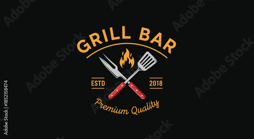 A classic circular logo for a 'Grill Bar' featuring crossed grilling utensils in front of a small flame, established in 2018.