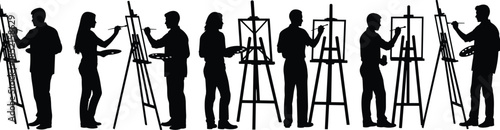Artists silhouettes painting on easels together, creative men and women working, art studio activity, painter teamwork illustration on white background