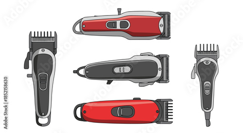 A collection of five different professional electric hair clippers shown from various angles in a clean, illustrative style.