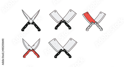 A set of five icons featuring crossed knives and meat cleavers, perfect for butcher shop logos or restaurant menu designs.
