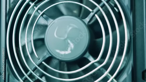 Close up of a computer fan with metal grill and moving blades
