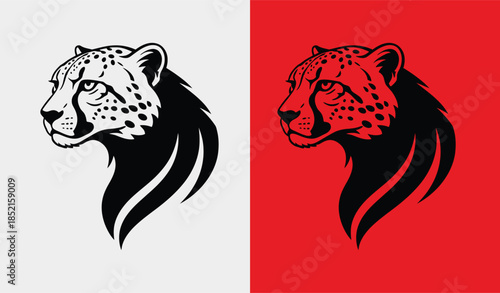Cheetah and lioness heads in monochrome and red tones