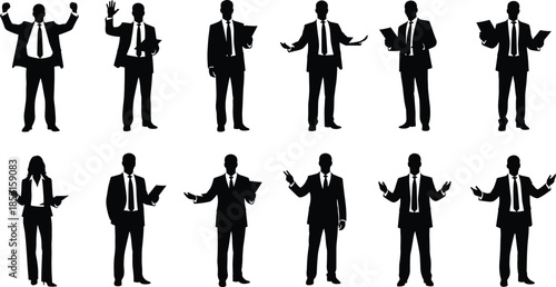 Business people presentation silhouette set, men and woman holding documents gesturing speaking poses, professional corporate speakers isolated on white background