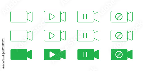 Green video camera icons play pause stop record Isolated On Transparent Background