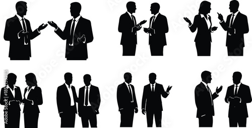 Business people silhouettes communicating in professional meetings, corporate discussion gestures, teamwork collaboration concept, isolated black figures on white background
