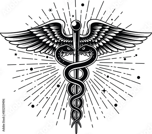 Caduceus medical symbol illustration, winged staff with snakes, healthcare medicine emblem, vintage line art design