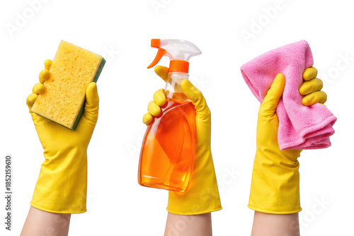Hands in yellow gloves holding cleaning supplies, isolated on transparent background isolated on transparent background