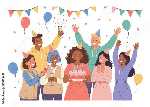 Happy diverse friends celebrating birthday with cake and drinks