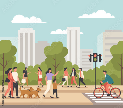People walking and cycling on a city sidewalk with green trees