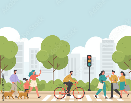 Diverse group of people in a city scene with trees and buildings