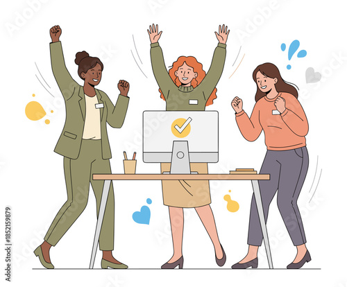 Three women celebrating success at a computer with checkmark