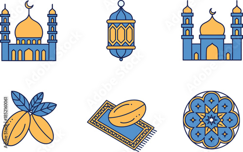 Vector Icons Set of Islamic Cultural and Religious Symbols for Ramadan Celebrations