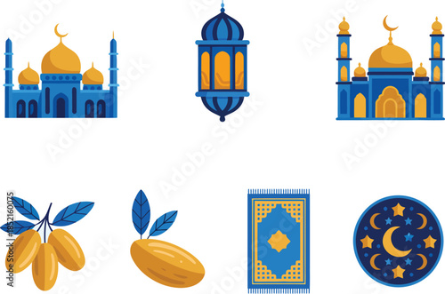 Ramadan Icons Set with Mosque, Lantern, Dates, and Prayer Mat