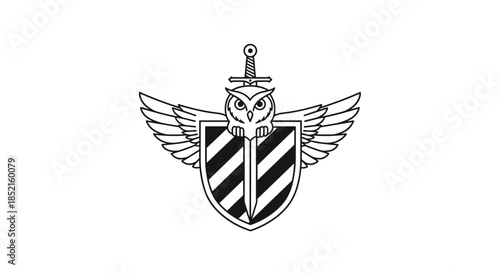 A powerful and wise emblem of a winged owl holding a sword in front of a striped shield, created in a clean line art style.
