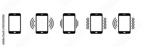 Five Black Smartphone Icons Showing Vibration Levels Isolated On Transparent Background