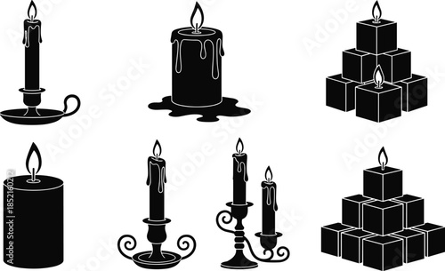 Candle silhouettes collection with burning flames, decorative wax candles and holders, black vintage lighting icons isolated on white background