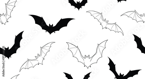 A seamless Halloween pattern of flying bats, featuring both solid black silhouettes and simple outline drawings on a white background.