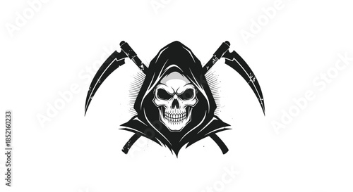 A menacing Grim Reaper emblem featuring a hooded skull with two crossed scythes, illustrated in a textured, grunge style.