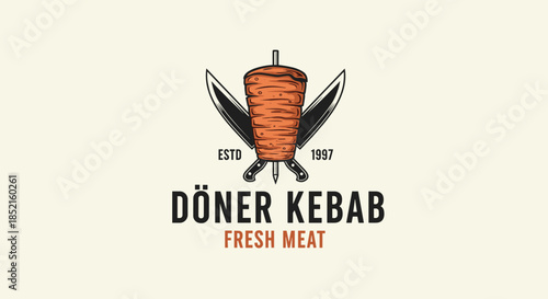 A detailed vintage logo for a D�ner Kebab shop, showcasing a vertical rotisserie of meat with two large knives crossed behind it.