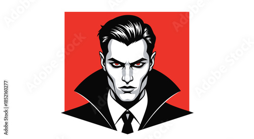 A striking and intense portrait of a handsome male vampire with red eyes and a high collar, done in a sharp, graphic style.
