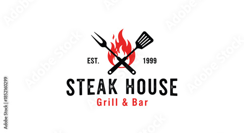 A classic, rustic logo for a steak house and grill bar, featuring a fire with a crossed fork and spatula in a grunge style.