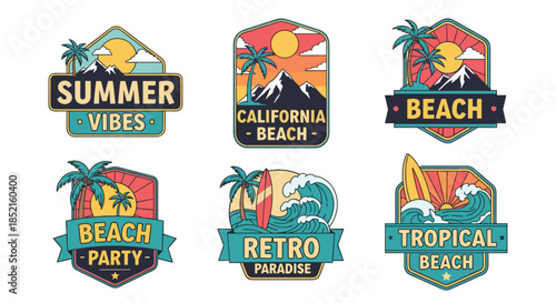 A collection of six colorful retro-style summer beach badges and patches featuring palm trees, mountains, sunsets, and ocean waves.
