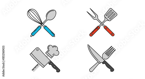 A set of four crossed kitchen utensil icons, including a whisk and spoon, fork and spatula, cleaver and chef hat, and knife and fork.
