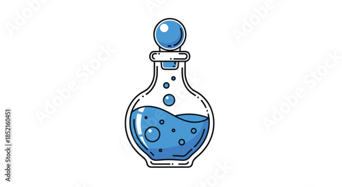 A whimsical cartoon illustration of a glass potion bottle with a round stopper, filled with a bubbling blue magical liquid or elixir.