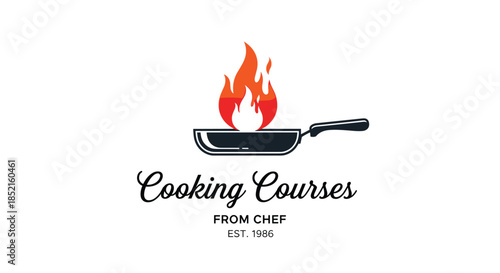 A professional logo for cooking courses from a chef, featuring a flaming frying pan and a mix of script and serif typography design.