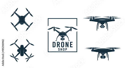 A collection of five monochrome drone icons and logos, including top-down and perspective views, and a 'Drone Shop' emblem design.