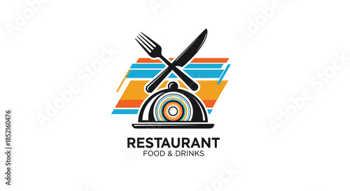 A vibrant and modern restaurant logo featuring a serving cloche with a crossed knife and fork above it, set against a colorful background.