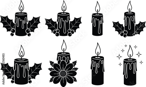Christmas candle silhouettes set, burning wax candles with holly leaves and berries, festive holiday decoration illustration isolated