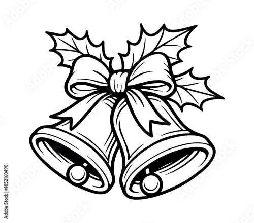 Christmas bells outline, holly leaves, bow, flat vector illustration