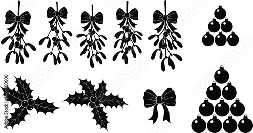 Christmas mistletoe and holly silhouettes set, festive bows and ornaments, winter holiday decorations, black silhouette illustration collection