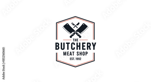A professional vintage-style logo for a butchery and meat shop, featuring crossed meat cleavers inside a hexagonal frame emblem.