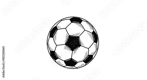 A classic black and white hand-drawn illustration of a soccer ball, detailed with hatching and shading to create a vintage sketch style.